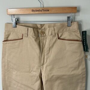 Lauren Ralph Lauren Flat Front Pant Khaki Leather Trim Pocket Straight Sz 6 NEW